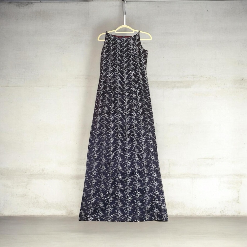 Vintage Jessica McClintock Navy Silver Thread Floral Sleeveless Maxi Dress Sz 12